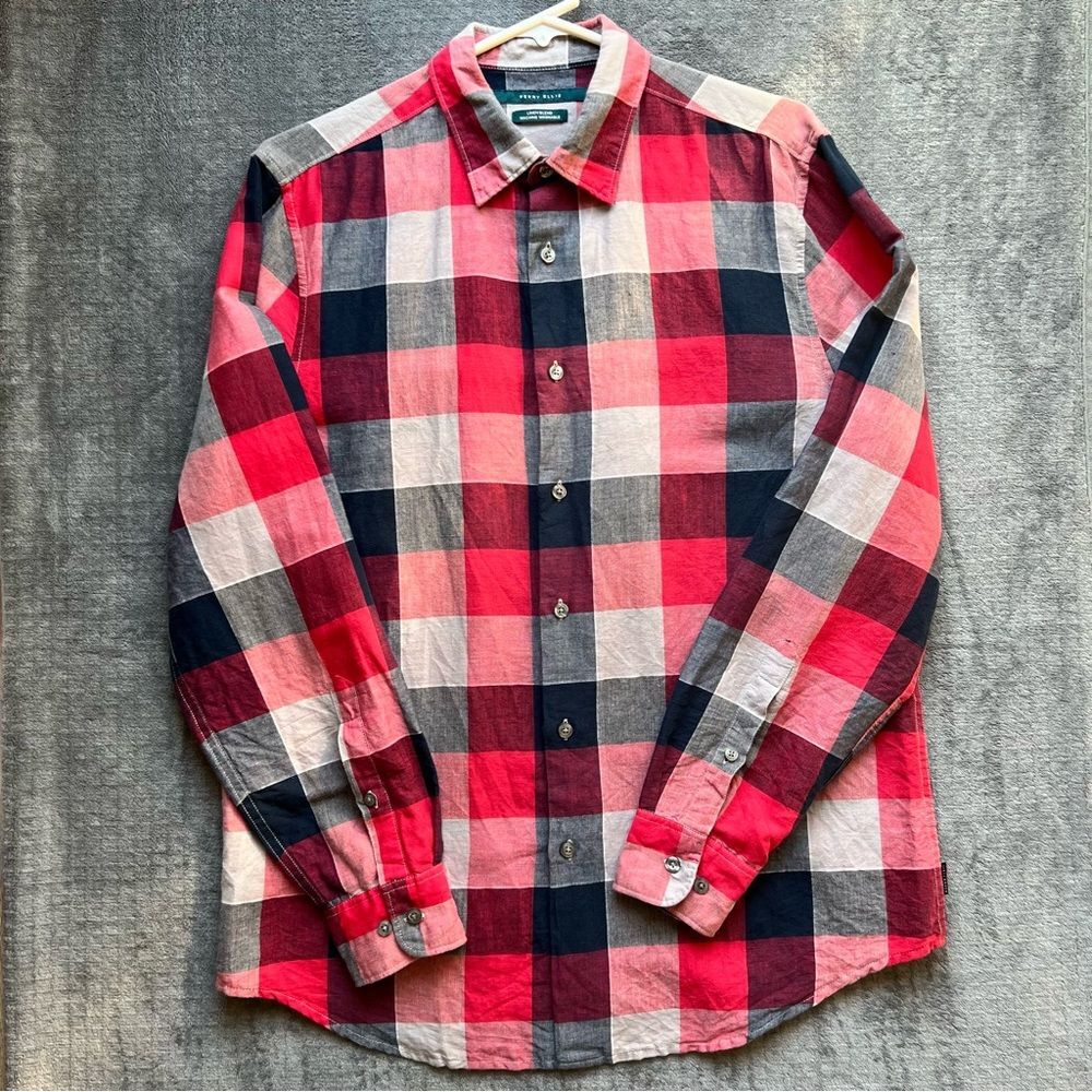 Perry Ellis Sz M Linen Cotton Blend Plaid Red Long Sleeve Shirt Button Down